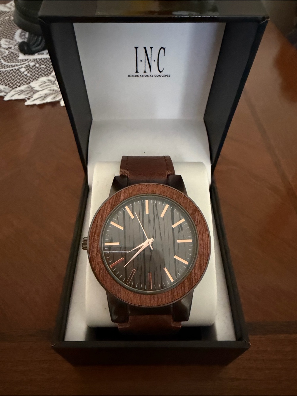 NIB International Concepts Men’s Wood Grain-Look Watch with Brown Strap